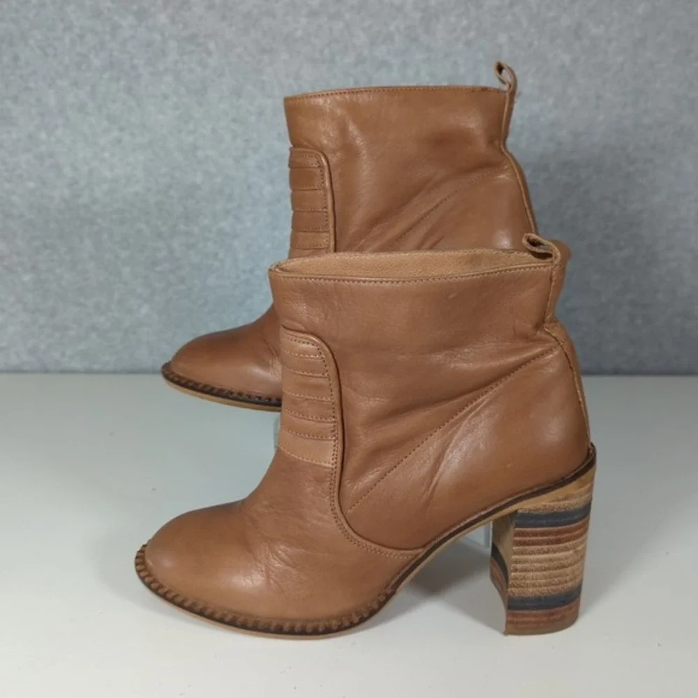 Free people McCall Tan Stack Leather‎ Heel Boots Booties Ankle Boots 6 Tan Boho